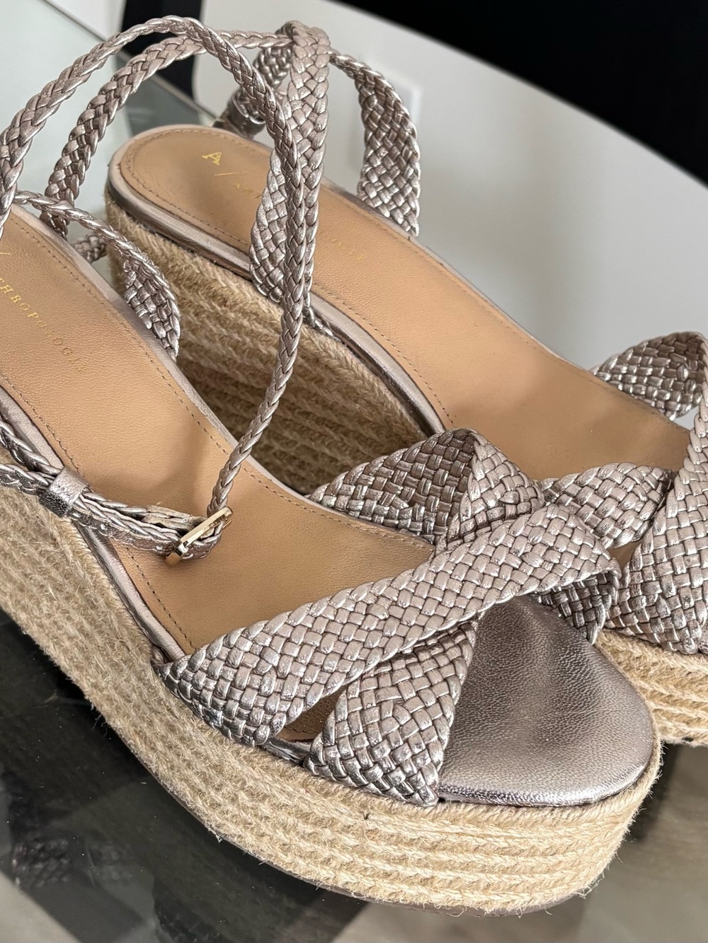 Anthropologie Metallic Taupe Braided Platform Espadrilles
